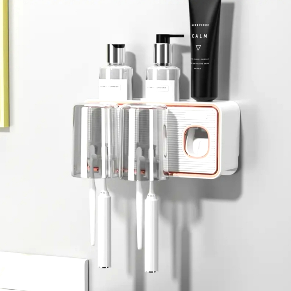 Tooth brush holder, cups and dispenser
